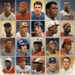 A grid of 20 illustrated portraits depicting diverse male baseball heroes in sports, each wearing different team caps.