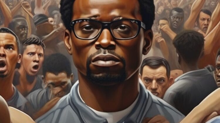 Digital illustration of a black man with glasses standing in front of a crowd of sports provocateurs with raised fists.