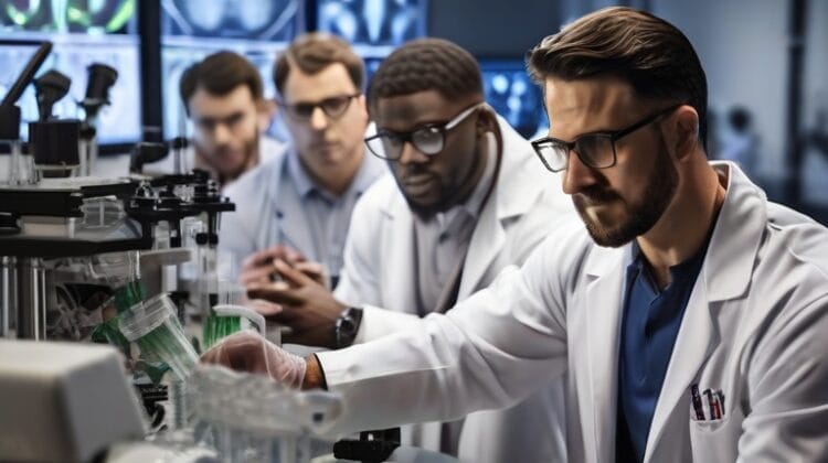 Four scientists in lab coats examining specimens and discussing the smart behaviors of sports fans in a high-tech laboratory.