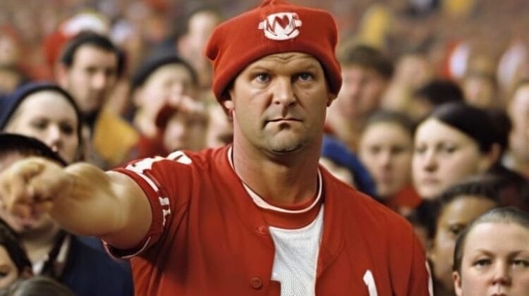 A focused man in a red hat and jersey, demonstrating emotional intelligence by confidently pointing forward, surrounded by a crowd at a sports event.