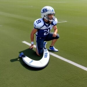 A digital rendering of a football player in a blue and white uniform, wearing number 25, kneeling on a dynamic, curved white prosthetic blade on a grass field representing Technology in Sports