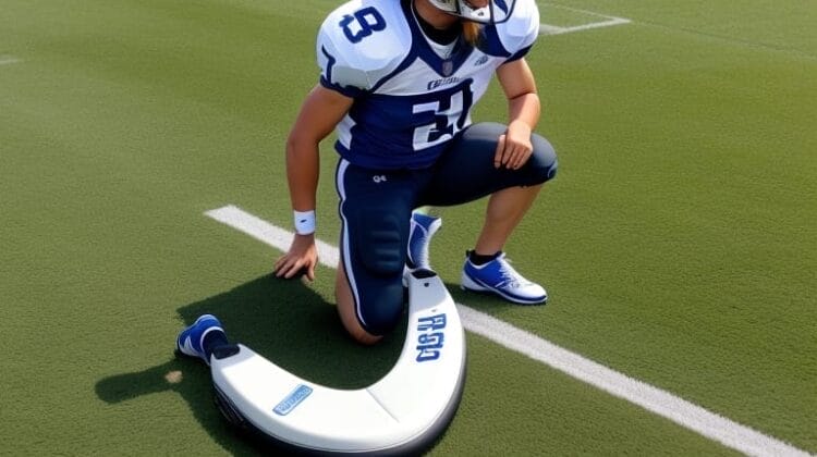 A digital rendering of a football player in a blue and white uniform, wearing number 25, kneeling on a dynamic, curved white prosthetic blade on a grass field representing Technology in Sports