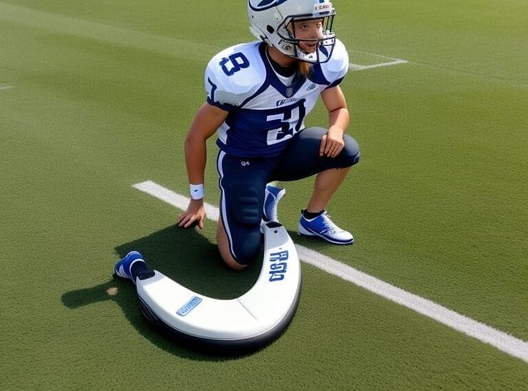 A digital rendering of a football player in a blue and white uniform, wearing number 25, kneeling on a dynamic, curved white prosthetic blade on a grass field representing Technology in Sports