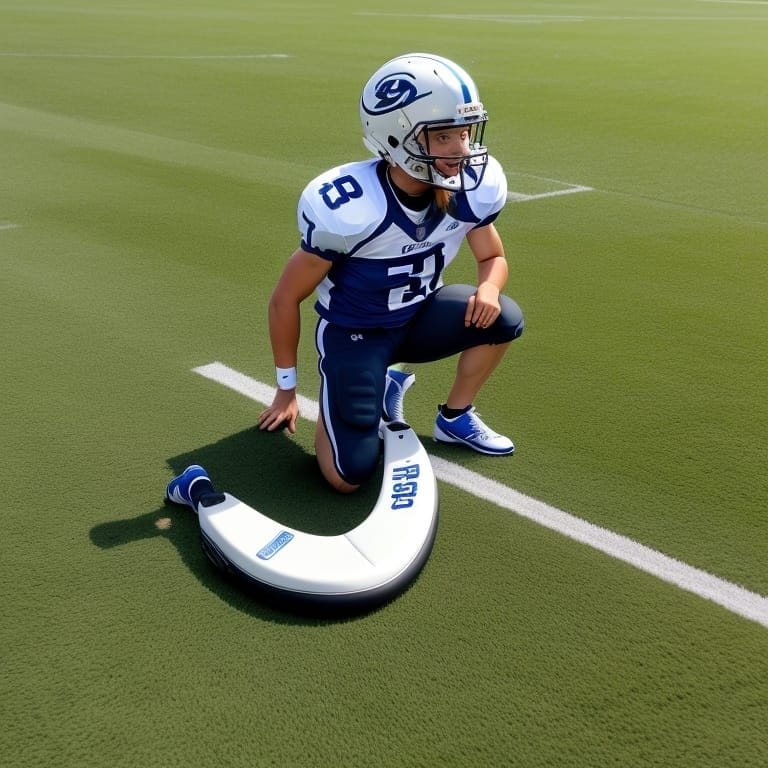A digital rendering of a football player in a blue and white uniform, wearing number 25, kneeling on a dynamic, curved white prosthetic blade on a grass field representing Technology in Sports