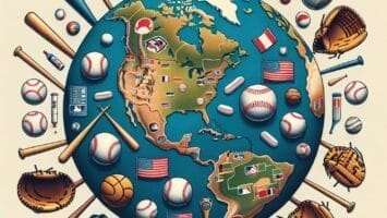 Illustration of a globe stylized as an MLB international growth baseball field with equipment and U.S. icons, emphasizing North America's international growth.