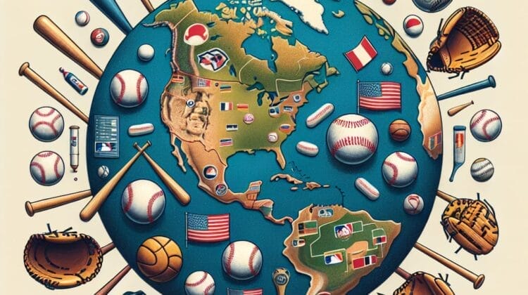 Illustration of a globe stylized as an MLB international growth baseball field with equipment and U.S. icons, emphasizing North America's international growth.