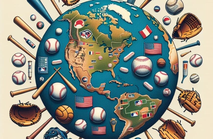 Illustration of a globe stylized as an MLB international growth baseball field with equipment and U.S. icons, emphasizing North America's international growth.