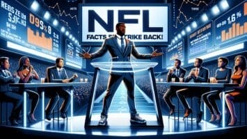 A man hosting a dynamic game show titled "NFL Facts Strike Back," separating fact from fiction with contestants and large digital scoreboards displaying statistics in a futuristic studio setting.