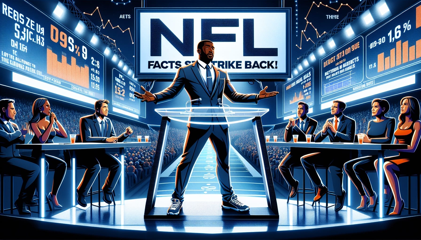 A man hosting a dynamic game show titled "NFL Facts Strike Back," separating fact from fiction with contestants and large digital scoreboards displaying statistics in a futuristic studio setting.