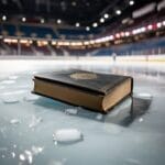 A hardcover book containing NHL hockey rules placed on the icy surface of an empty hockey rink, with visible skate marks and ice shavings around it.