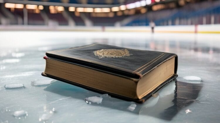 A hardcover book containing NHL hockey rules placed on the icy surface of an empty hockey rink, with visible skate marks and ice shavings around it.