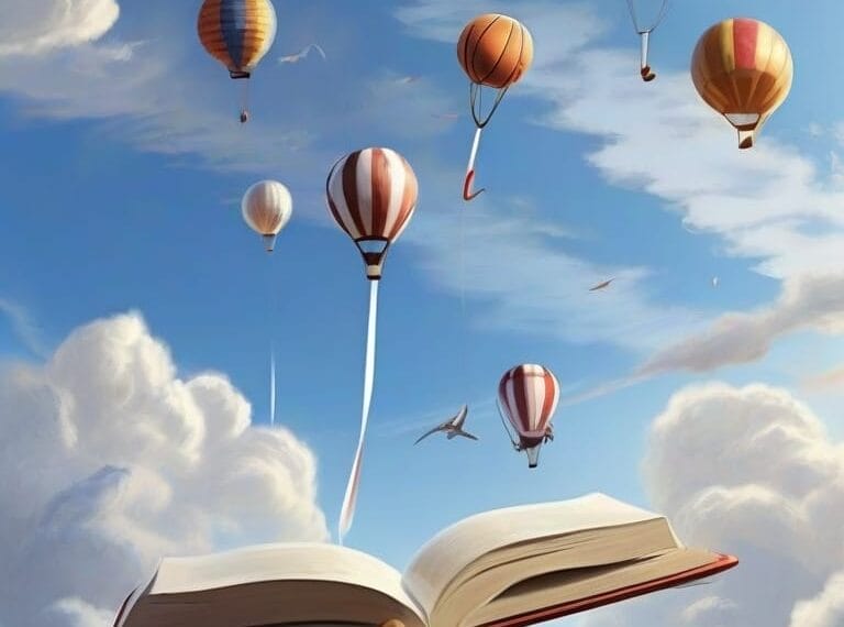 An open book with hot air balloons, representing a sports team selection, rising from the pages into a cloudy sky.