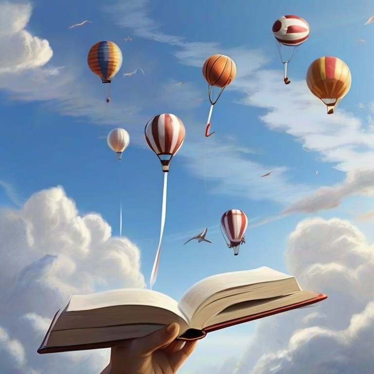 An open book with hot air balloons, representing a sports team selection, rising from the pages into a cloudy sky.