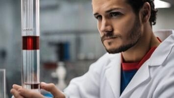 Scientist examining sports through science in a sample within a graduated cylinder in a laboratory setting