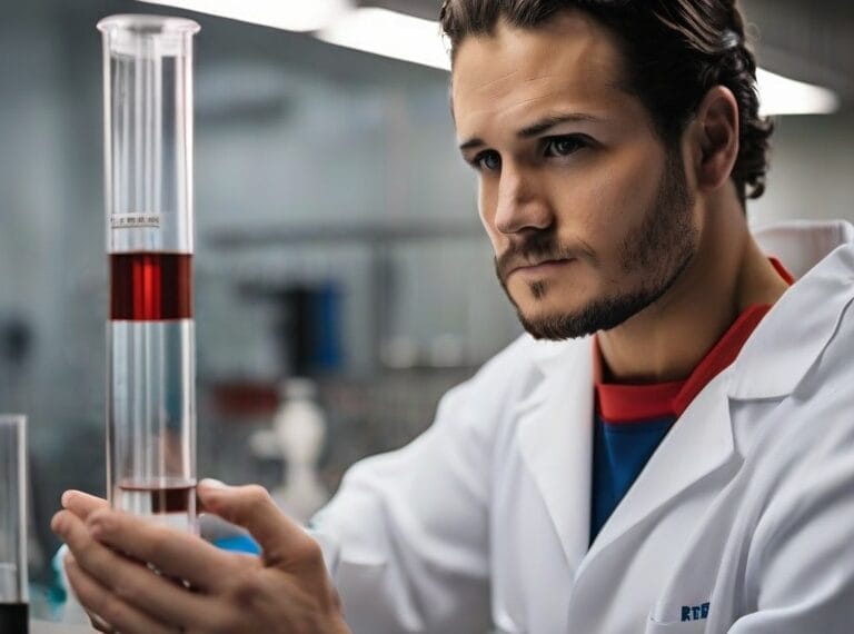 Scientist examining sports through science in a sample within a graduated cylinder in a laboratory setting