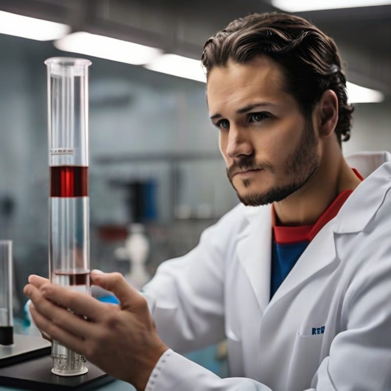 Scientist examining sports through science in a sample within a graduated cylinder in a laboratory setting