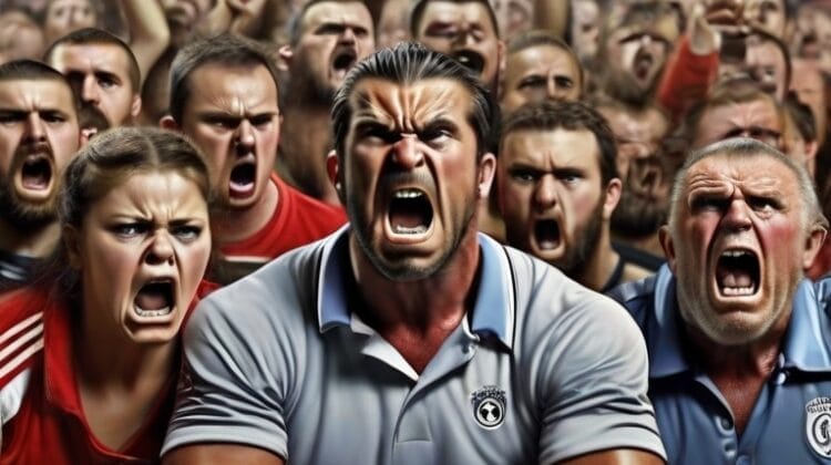 A group of animated football haters showing intense emotion at a sporting event.