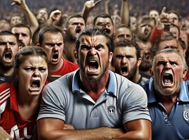 A group of animated football haters showing intense emotion at a sporting event.