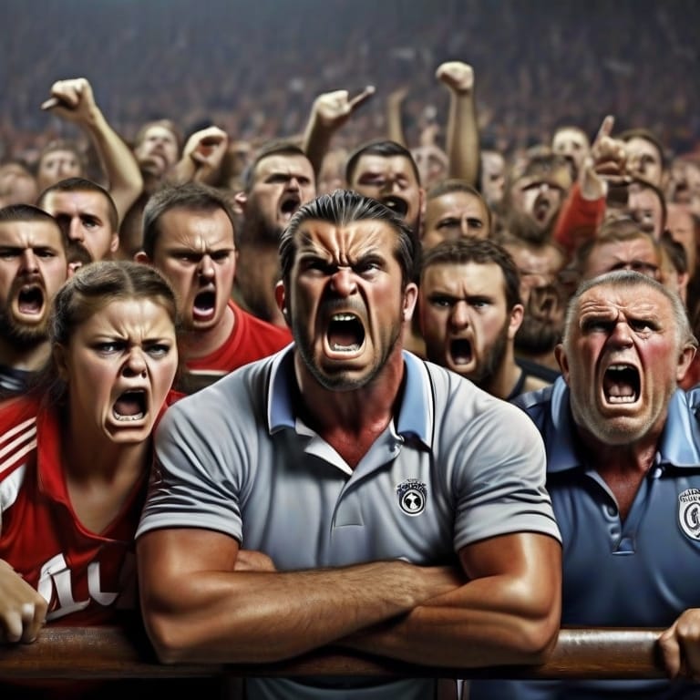 A group of animated football haters showing intense emotion at a sporting event.