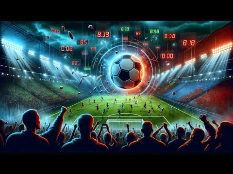 Silhouetted crowd of spectators disagree with football in a vibrant, futuristic stadium with digital score overlays.