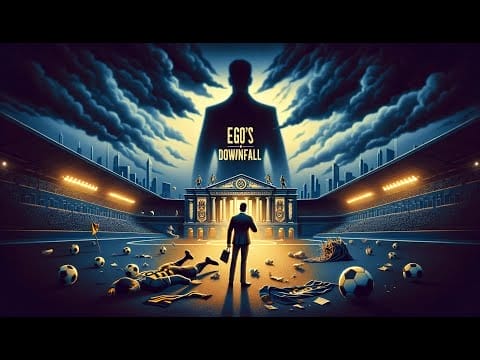 Illustration of a man walking away from fallen football clubs, under a dramatic sky with the title "ego's downfall" displayed on a stadium screen.