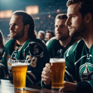 Three men in NHL jerseys sitting at a bar, watching a game intently, with two pints of beer on the counter. This is why NHL's niche status remains.