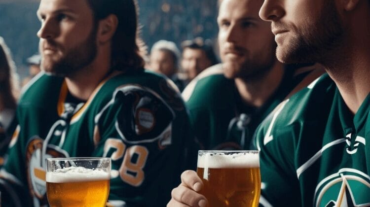 Three men in NHL jerseys sitting at a bar, watching a game intently, with two pints of beer on the counter.