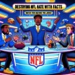 Illustration of three animated men at a desk with an NFL theme, passionately discussing football statistics under a neon sign that reads "destroying NFL haters with facts.