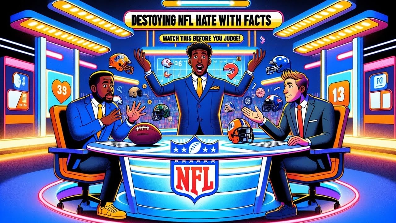 Illustration of three animated men at a desk with an NFL theme, passionately discussing football statistics under a neon sign that reads "destroying NFL haters with facts.