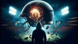 A man stands facing an NFL football helmet illuminated by lights with a cracked lightbulb inside, money floating around, set in a night-lit stadium. This NFL dilemma is only the beginning.