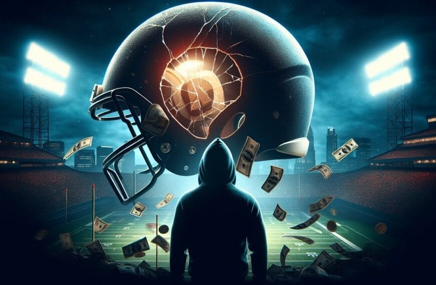 A man stands facing an NFL football helmet illuminated by lights with a cracked lightbulb inside, money floating around, set in a night-lit stadium. This NFL dilemma is only the beginning.