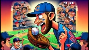 Colorful illustration featuring a baseball player in a blue "c" cap catching a ball surrounded by multiple enthusiastic player portraits depicting baseball superstitions, rituals, and a stadium scene in the background.