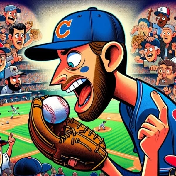 Colorful illustration featuring a baseball player in a blue "c" cap catching a ball surrounded by multiple enthusiastic player portraits depicting baseball superstitions, rituals, and a stadium scene in the background.