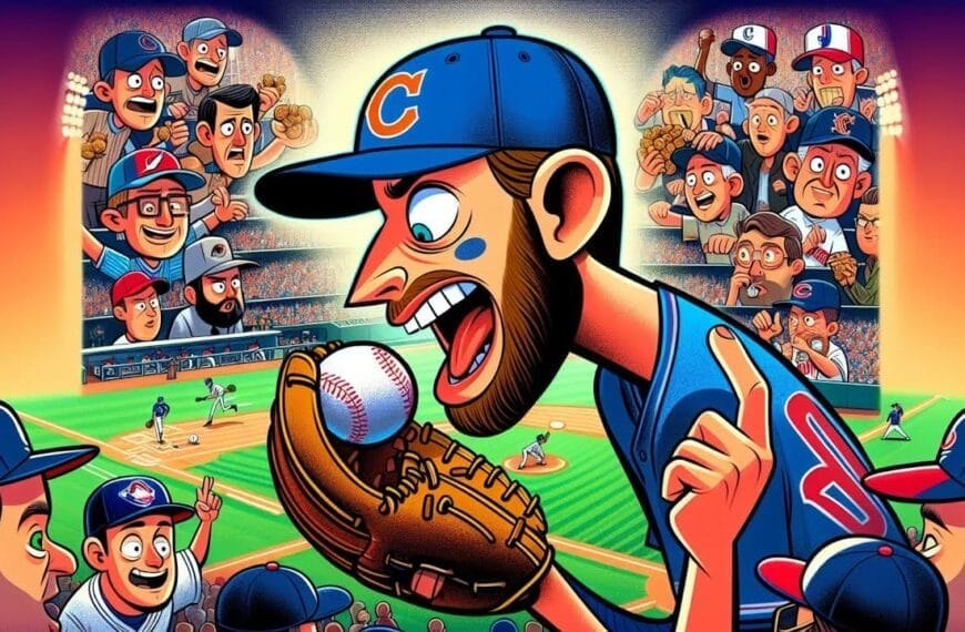Colorful illustration featuring a baseball player in a blue "c" cap catching a ball surrounded by multiple enthusiastic player portraits depicting baseball superstitions, rituals, and a stadium scene in the background.