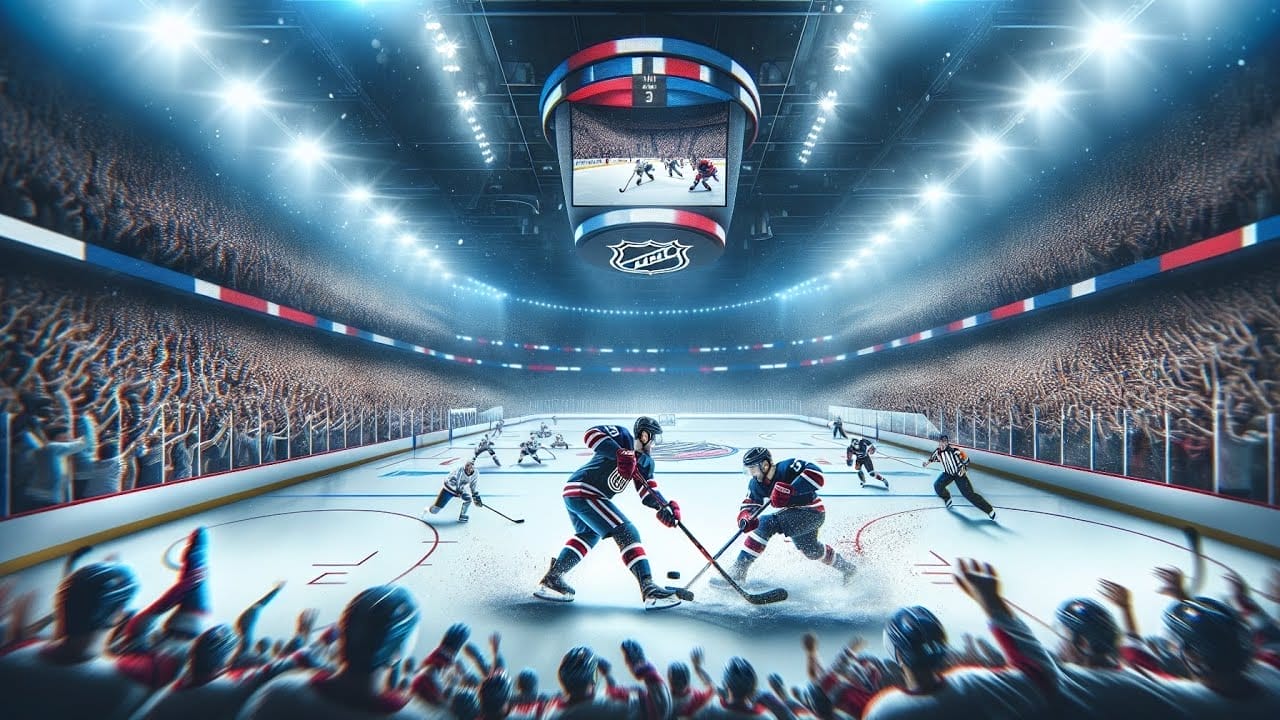 A dynamic ice hockey game in a packed arena, showcasing the global reach of hockey, with two players vying for a face-off puck under bright lights and massive spectator excitement representing NHL history