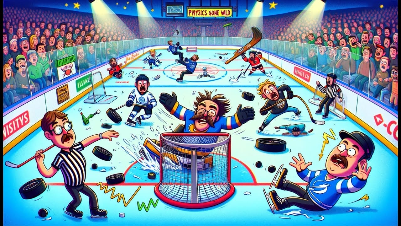 Illustration of a chaotic hockey game scene with players, a referee, and animated spectators surrounding an ice rink showcasing poor ice conditions, littered with trash and pucks like NHL bloopers