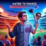Illustration of a man transitioning from a displeased MLB haters to an enthusiastic fan at a crowded baseball stadium, with "hater to fanatic" text above.