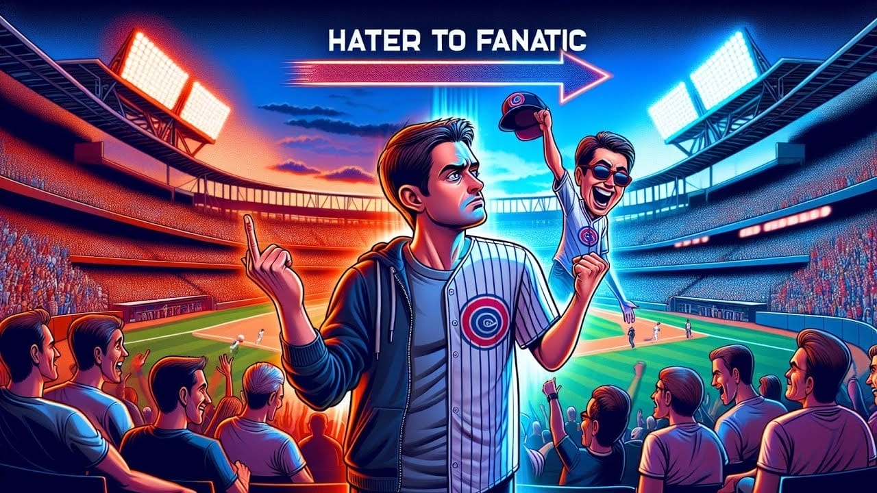 Illustration of a man transitioning from a displeased MLB haters to an enthusiastic fan at a crowded baseball stadium, with "hater to fanatic" text above.
