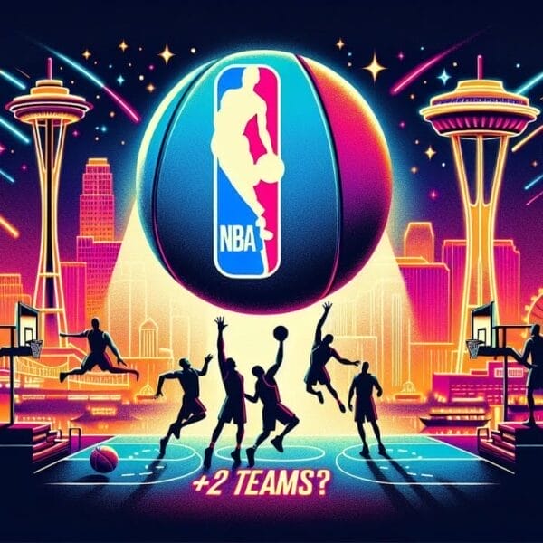 Illustration depicting an NBA theme with basketball players in action, iconic city skylines, and the NBA logo, hinting at the expansion teams in the NBA.