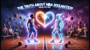 Graphic image depicting NBA soulmates on basketball court benches with two central figures highlighted and surrounded by glowing orbs, titled "The Truth About NBA Soulmates?