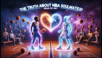Graphic image depicting NBA soulmates on basketball court benches with two central figures highlighted and surrounded by glowing orbs, titled "The Truth About NBA Soulmates?