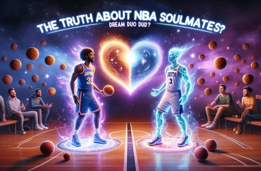 Graphic image depicting NBA soulmates on basketball court benches with two central figures highlighted and surrounded by glowing orbs, titled "The Truth About NBA Soulmates?