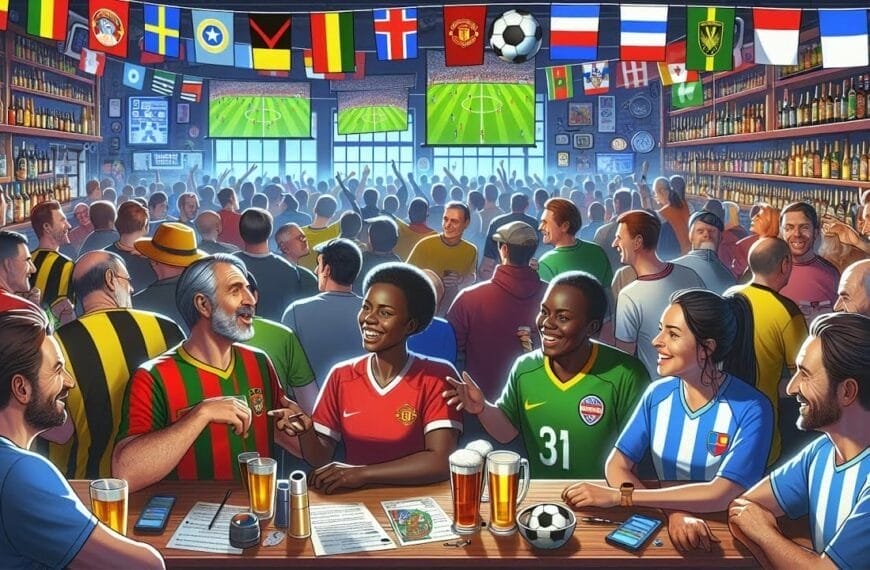 A vibrant sports bar scene with diverse fans in soccer jerseys enjoying a game on multiple screens, surrounded by international flags and personal football stories memorabilia while not being football haters