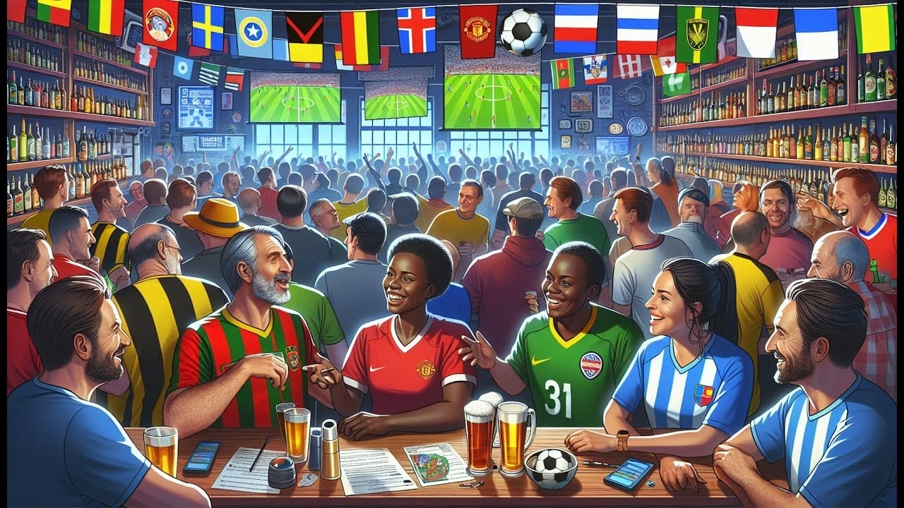 A vibrant sports bar scene with diverse fans in soccer jerseys enjoying a game on multiple screens, surrounded by international flags and personal football stories memorabilia while not being football haters