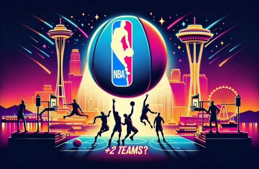 Illustration depicting an NBA theme with basketball players in action, iconic city skylines, and the NBA logo, hinting at the expansion teams in the NBA.