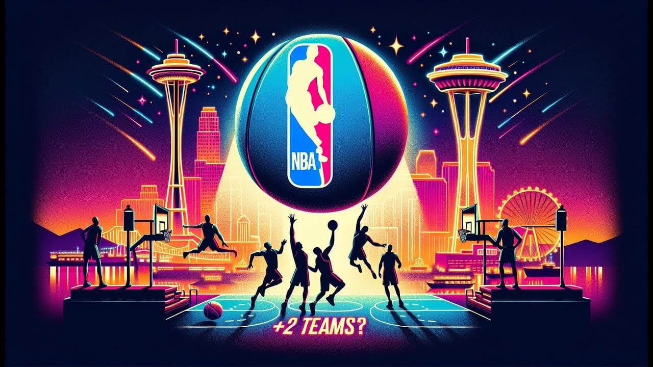 Illustration depicting an NBA theme with basketball players in action, iconic city skylines, and the NBA logo, hinting at the expansion teams in the NBA.