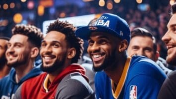 Group of joyful young men watching a basketball game, sporting various NBA game changers jerseys and smiling brightly.