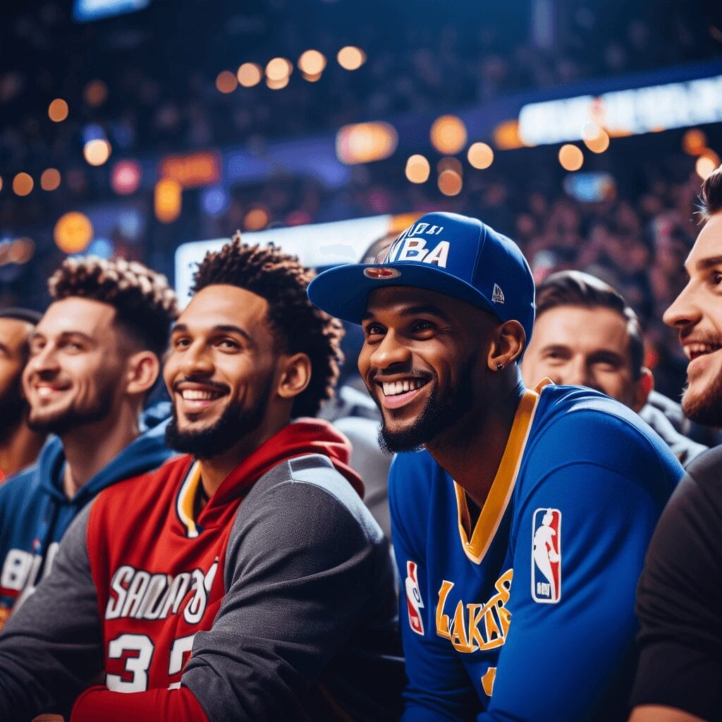 Group of joyful young men watching a basketball game, sporting various NBA game changers jerseys and smiling brightly.