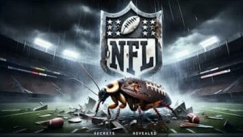 An imaginative graphic of a mechanical cockroach with an NFL manages logo breaking through a football field under stormy skies -- the NFL resilience