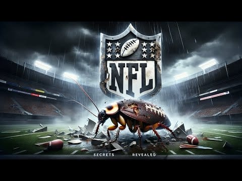 An imaginative graphic of a mechanical cockroach with an NFL manages logo breaking through a football field under stormy skies -- the NFL resilience